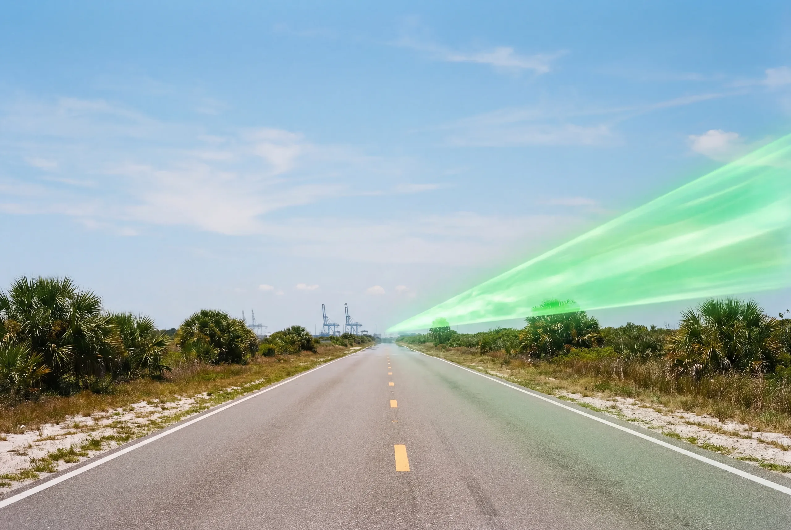 Open highway leading toward port infrastructure on the horizon with green energy streaks