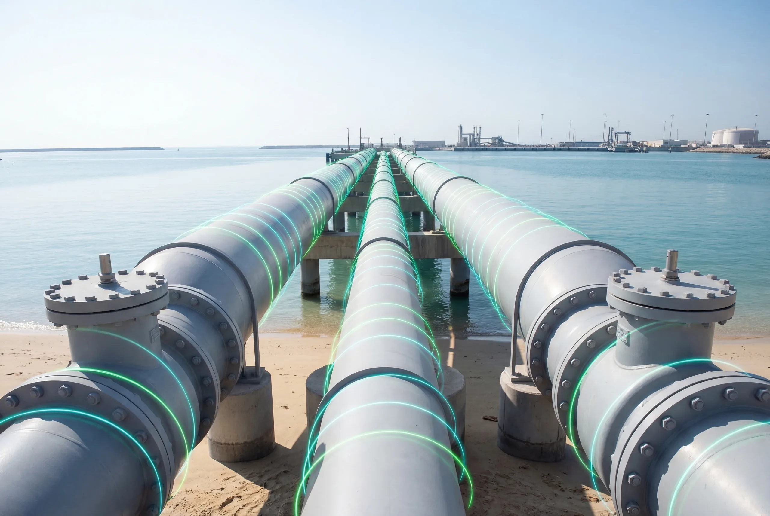 Industrial fuel pipelines extending toward a marine terminal with green accent lighting