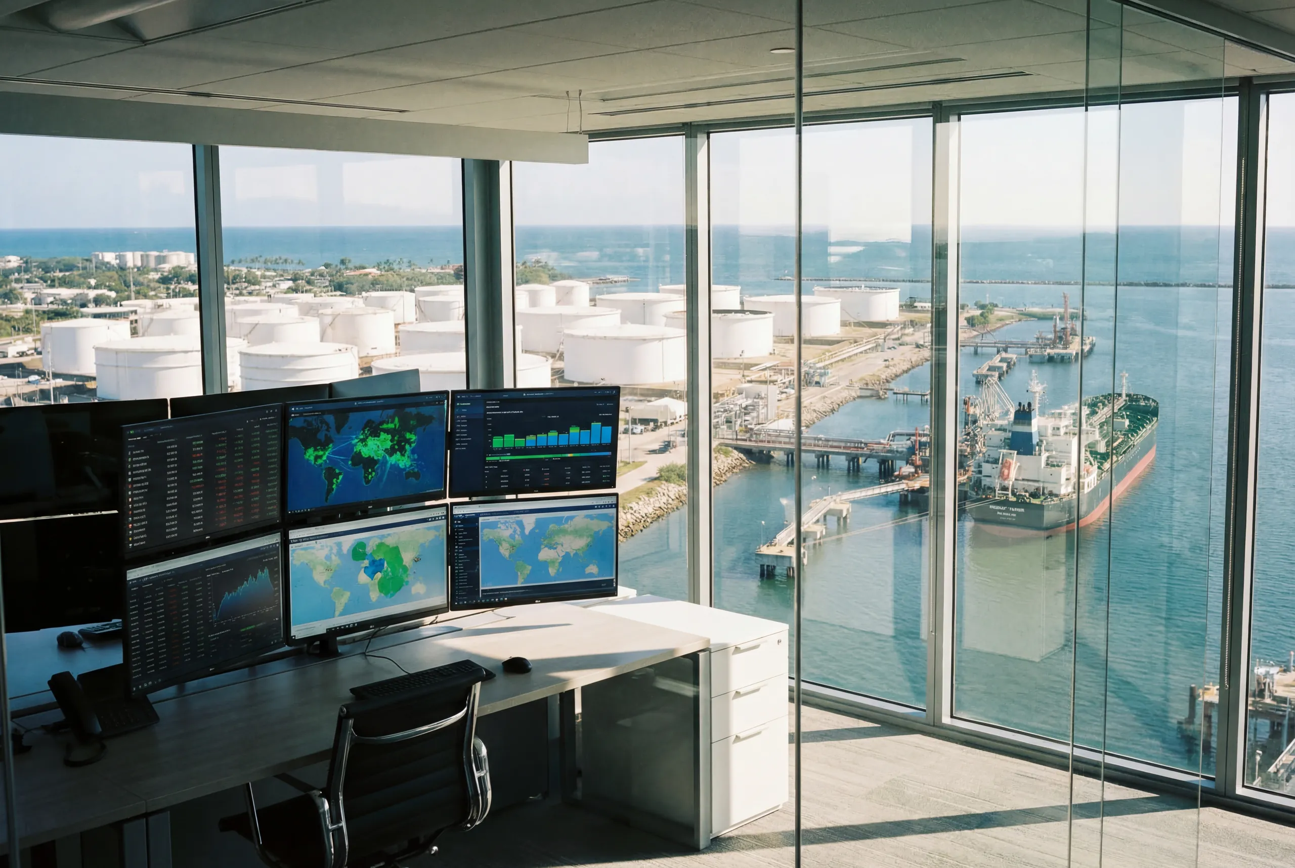 Operations command room overlooking port fuel storage and marine terminal facilities.
