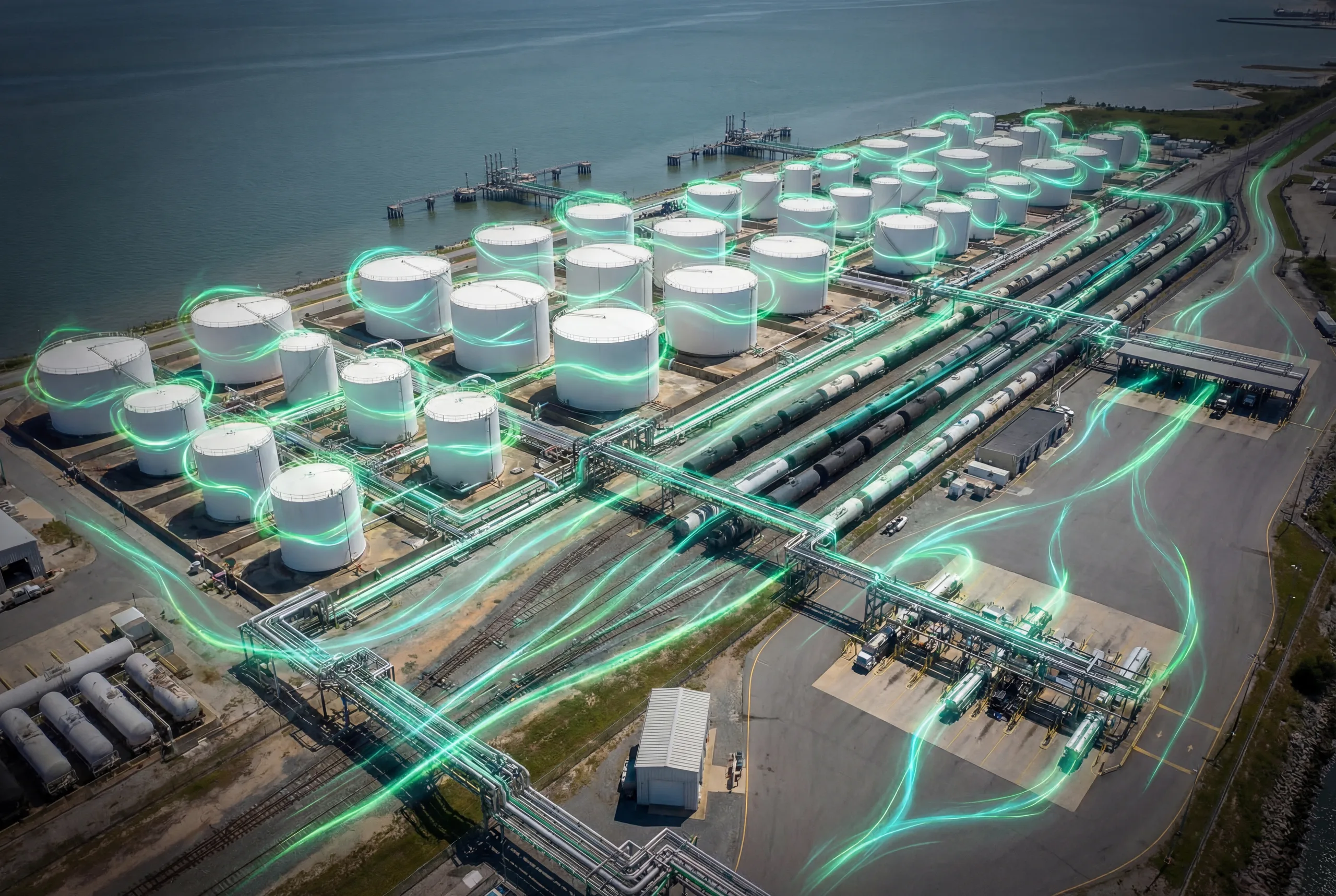 Aerial view of a fuel storage terminal with interconnected tanks, rail lines, and marine docking infrastructure