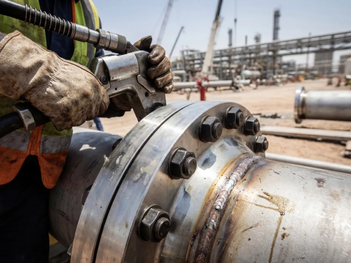 Worker tightening a flanged pipeline connection at an energy infrastructure facility