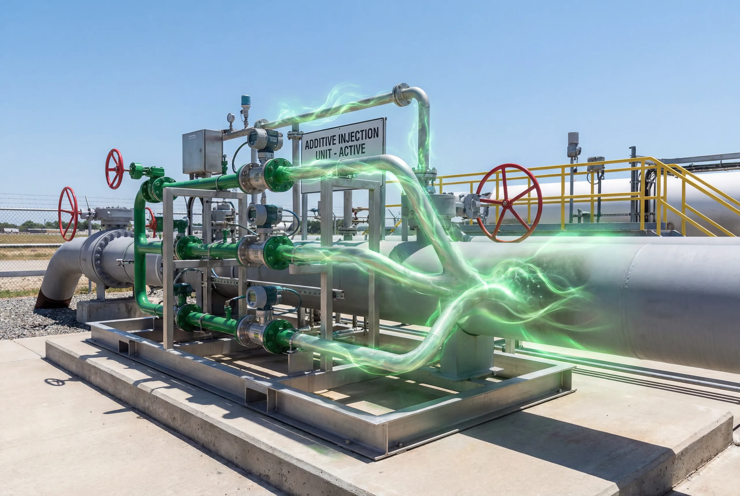 Additive injection unit actively blending fuel additives into a terminal pipeline system with green energy accents