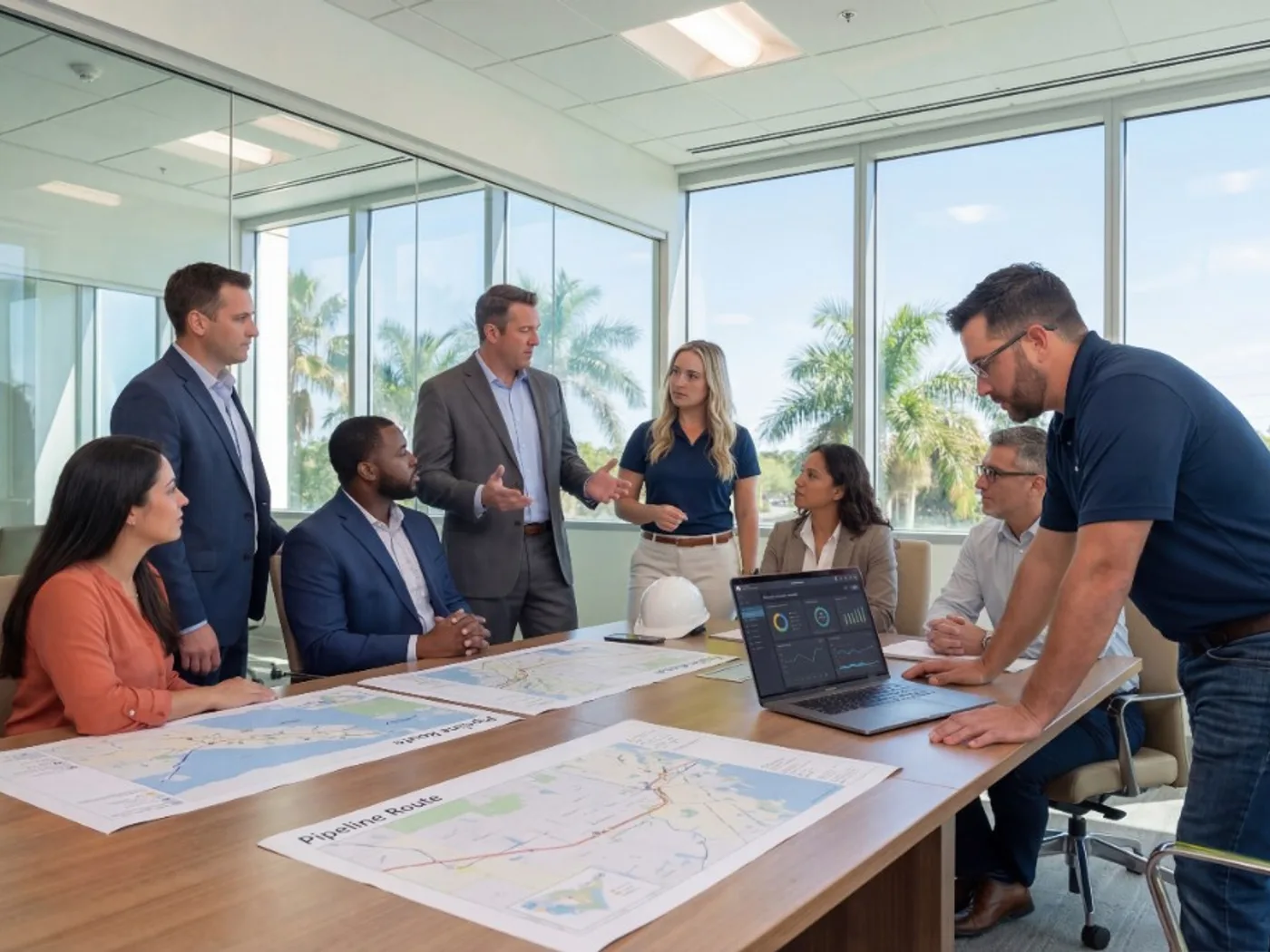 Energy team reviewing pipeline route maps and project analytics in a conference room with palm trees visible through windows