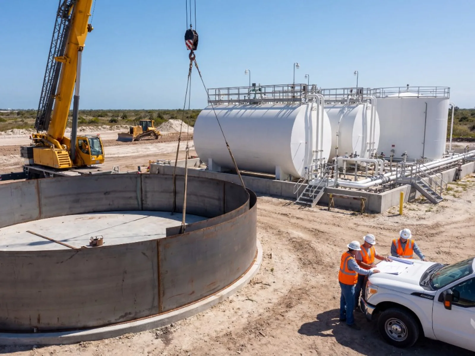 Field team reviewing infrastructure expansion plans at a construction site